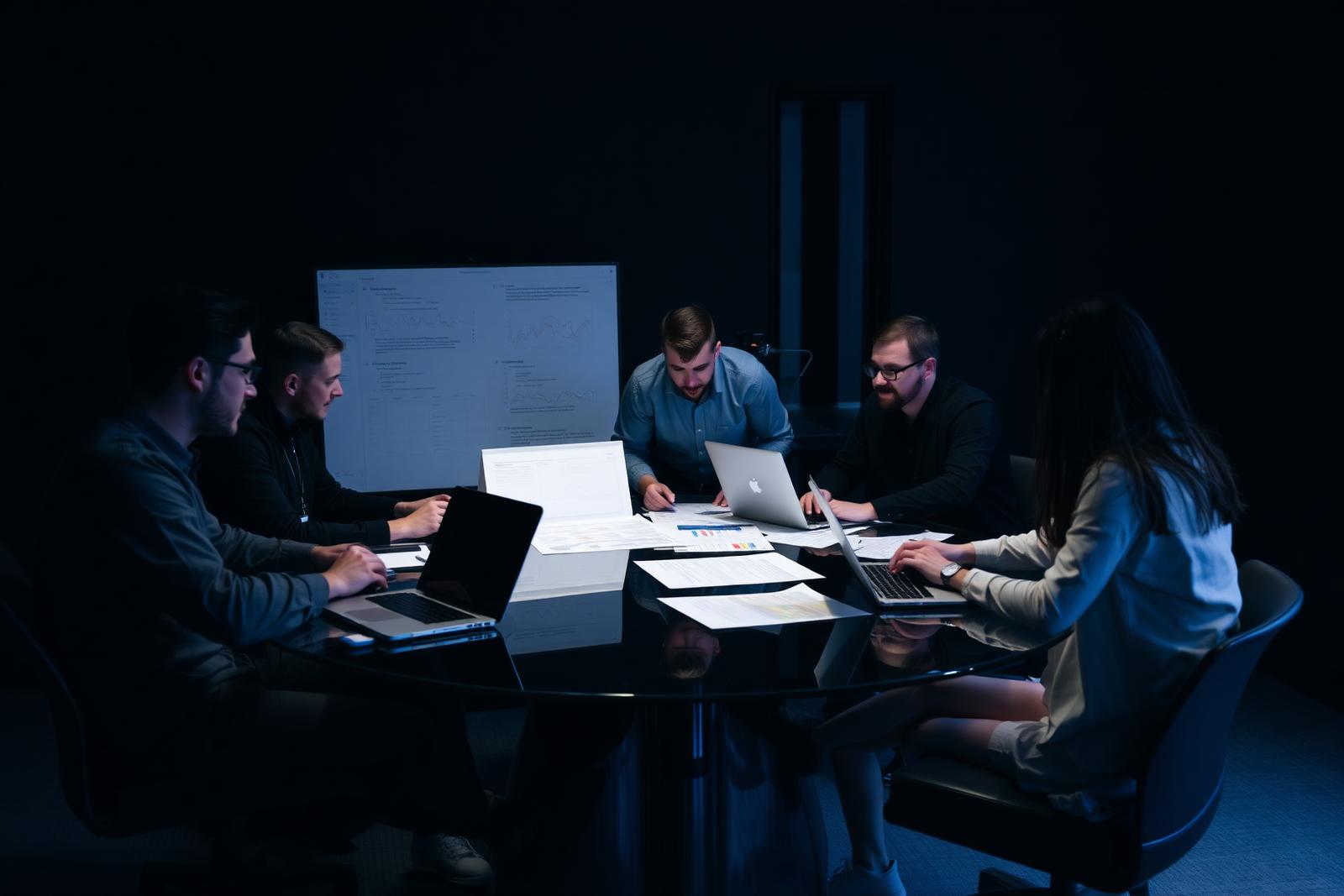 Team of engineers discussing technical documents in a dark meeting room